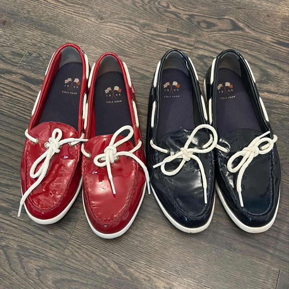 Cole Haan Red Nantucket Camp Moc Patent Leather Boat Shoe Slip On Blue and Red